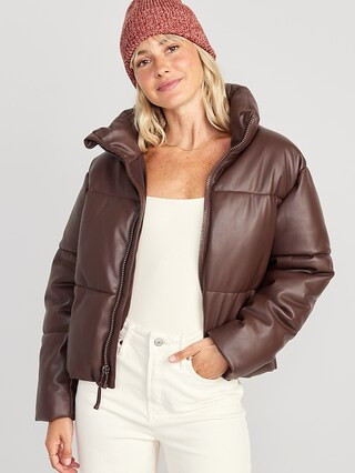 Mock-Neck Faux-Leather Puffer Jacket for Women | Old Navy (US)