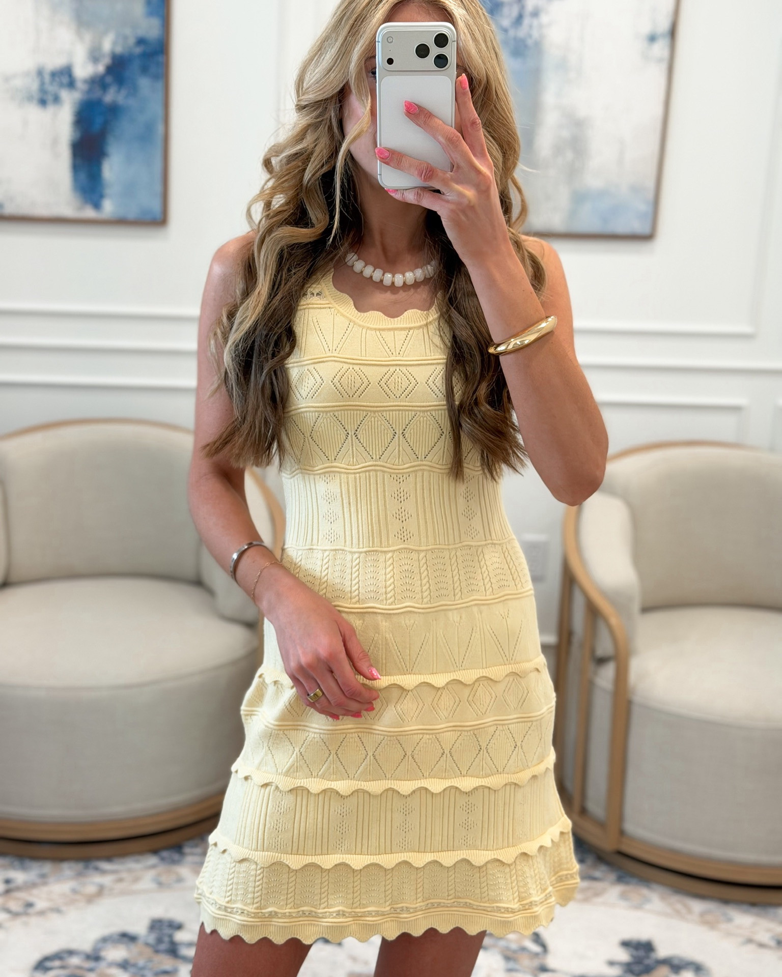 I need to walk through every single detail of this butter yellow crochet knit dress because she deserves that level of attention 💛🤍✨ 

First — the scalloped neckline that frames the collarbone so beautifully. Then the diamond knit texture across the bodice that adds so much visual interest and dimension. Then the tiered scallop hem at the bottom that makes the whole silhouette feel so flirty and feminine and special. Pearls at the neck, neutral slides on the feet, and this combination is giving expensive summer elegance at an Amazon price point that will genuinely make your jaw drop.

#LTKootd #LTKSeasonal #LTKTravel