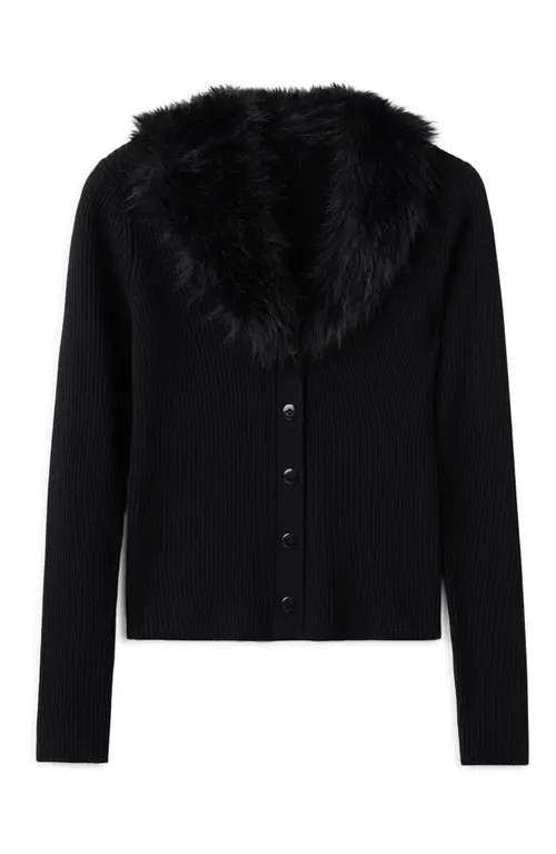 MANGO Faux Fur Collar Cardigan in Black at Nordstrom, Size X-Small | Nordstrom