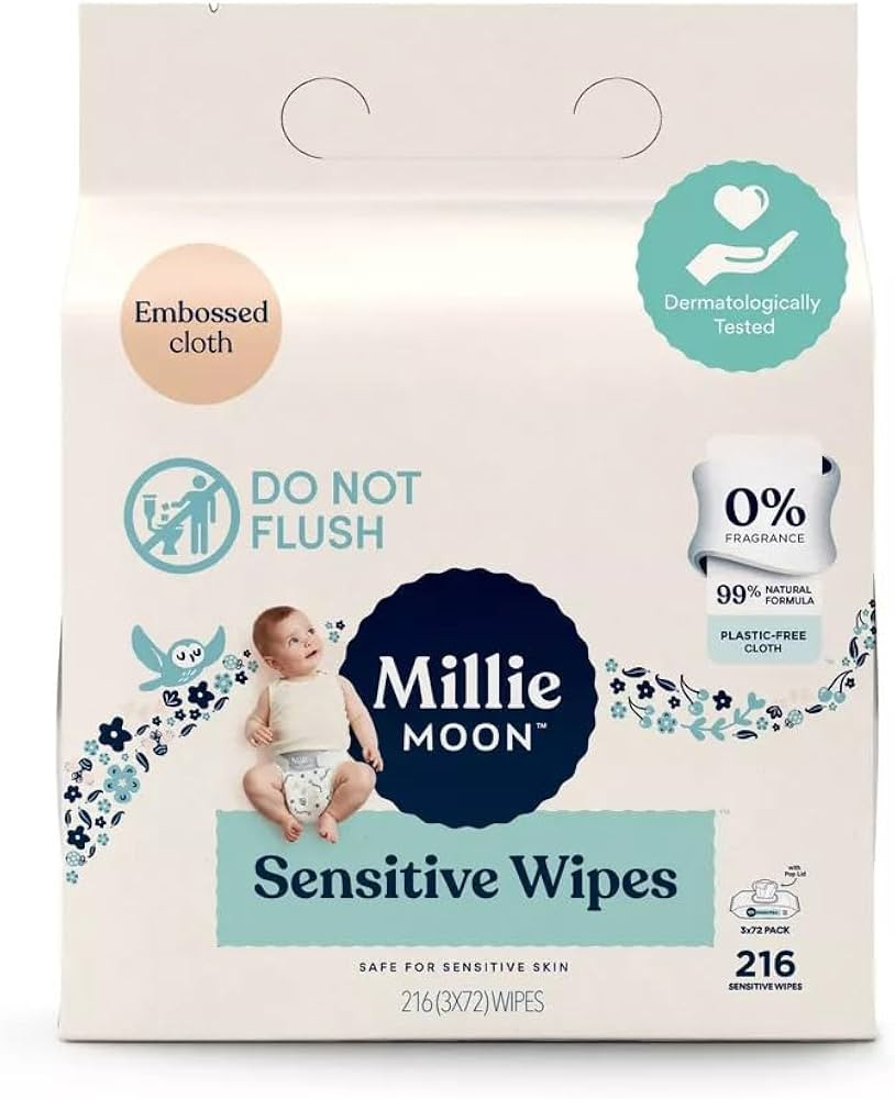 Millie Moon Sensitive Baby Wipes, Plastic-Free, 99% Natural Formula, 216 Count | Amazon (US)