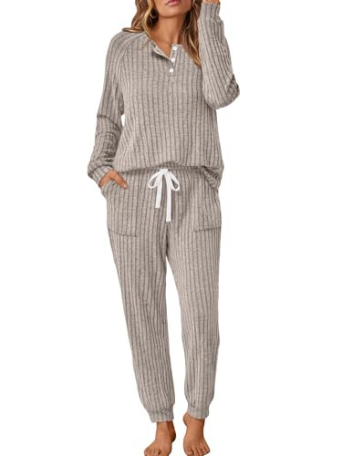 LILLUSORY 2 Piece Lounge Sets for Women Fall Lightweight Cute Soft Pajamas Two Piece Comfy Loungewear Travel Matching Set Khaki S | Amazon (US)