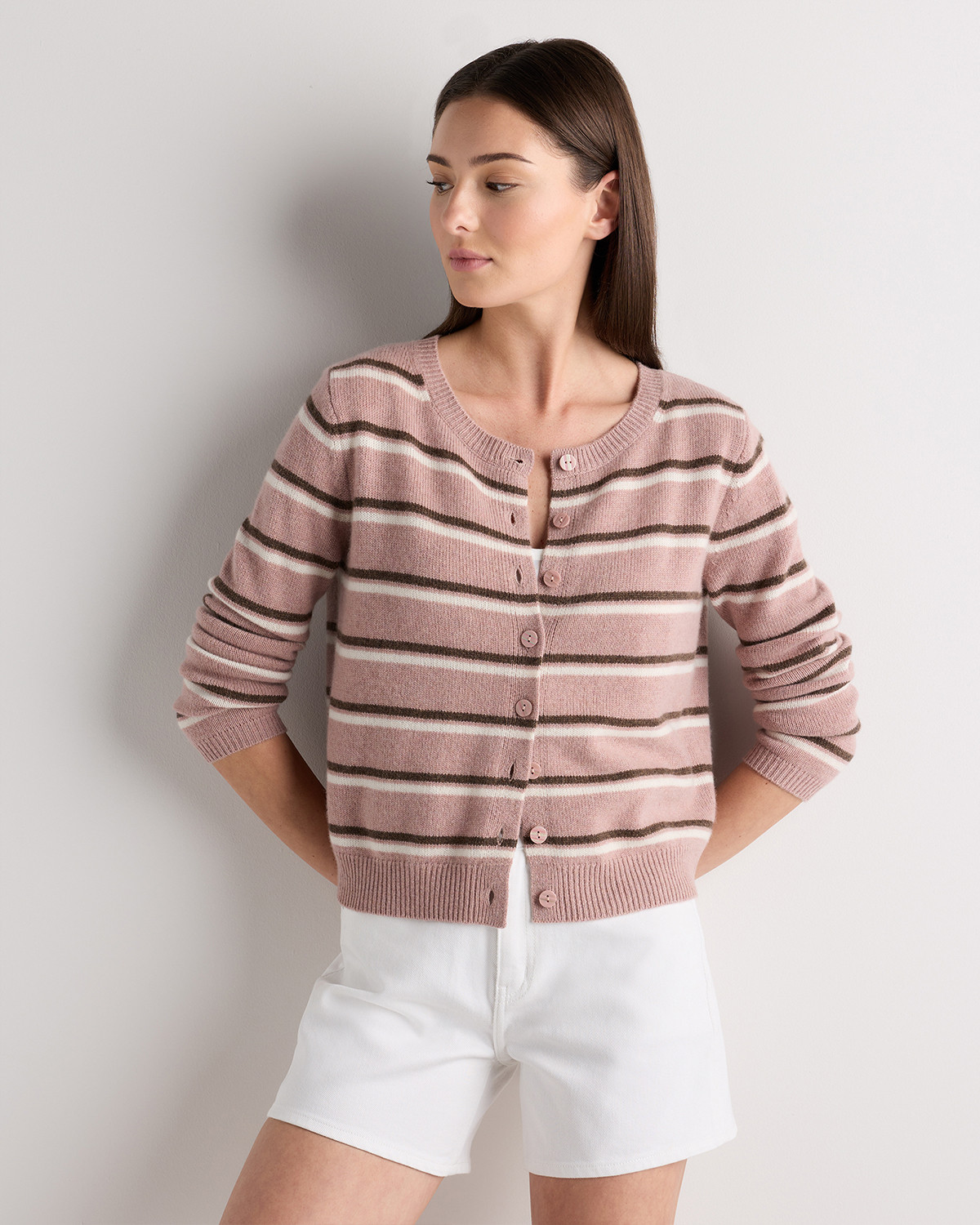 Quince | Women's Mongolian Cashmere Cropped Crew Cardigan Sweater in Heather Vintage Pink / Brown Variegated Stripe, Size XS | Quince