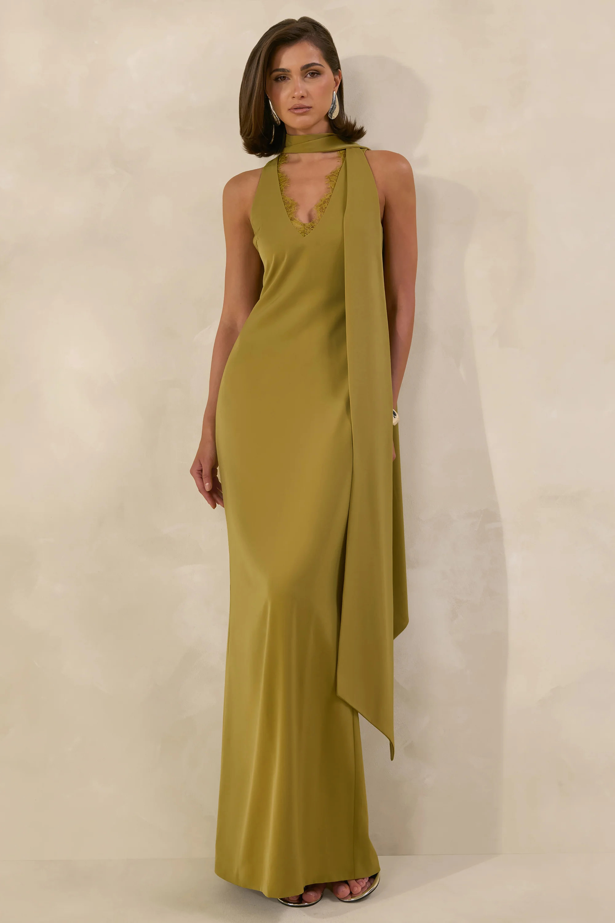 True Icon | Olive Satin High-Neck Maxi Slip Dress With Sash | Club L London