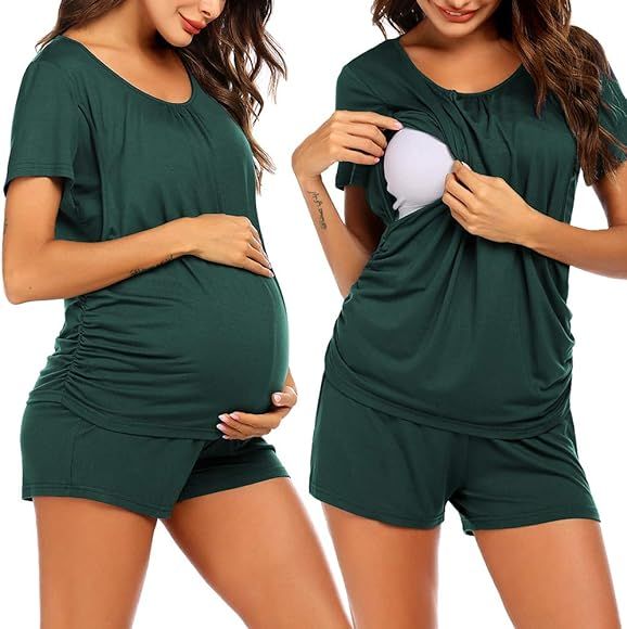 Ekouaer Women's Maternity Nursing Pajama Set Breastfeeding Sleepwear Set Double Layer Short Sleeve T | Amazon (US)