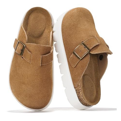 Project Cloud Chunky Kids Clogs – 100% Genuine Leather Clogs for Kids with Cork Footbed & Arch Support – Non-Slip Mules & Sandals for Girls Footwear (LilBentonChunky, CHSTNUTSDE,13) Chestnut Suede | Amazon (US)