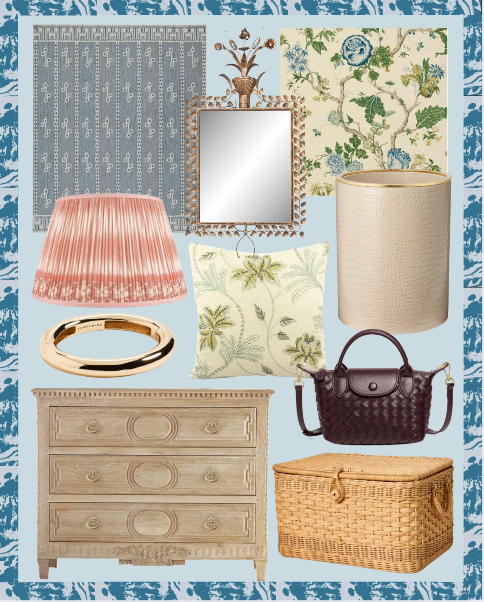 Beautiful pieces with personality ✨ 

Wallpaper, dresser, nightstand, lampshade, blue rug, wicker basket, target, mirror 

#LTKHome #LTKStyleTip