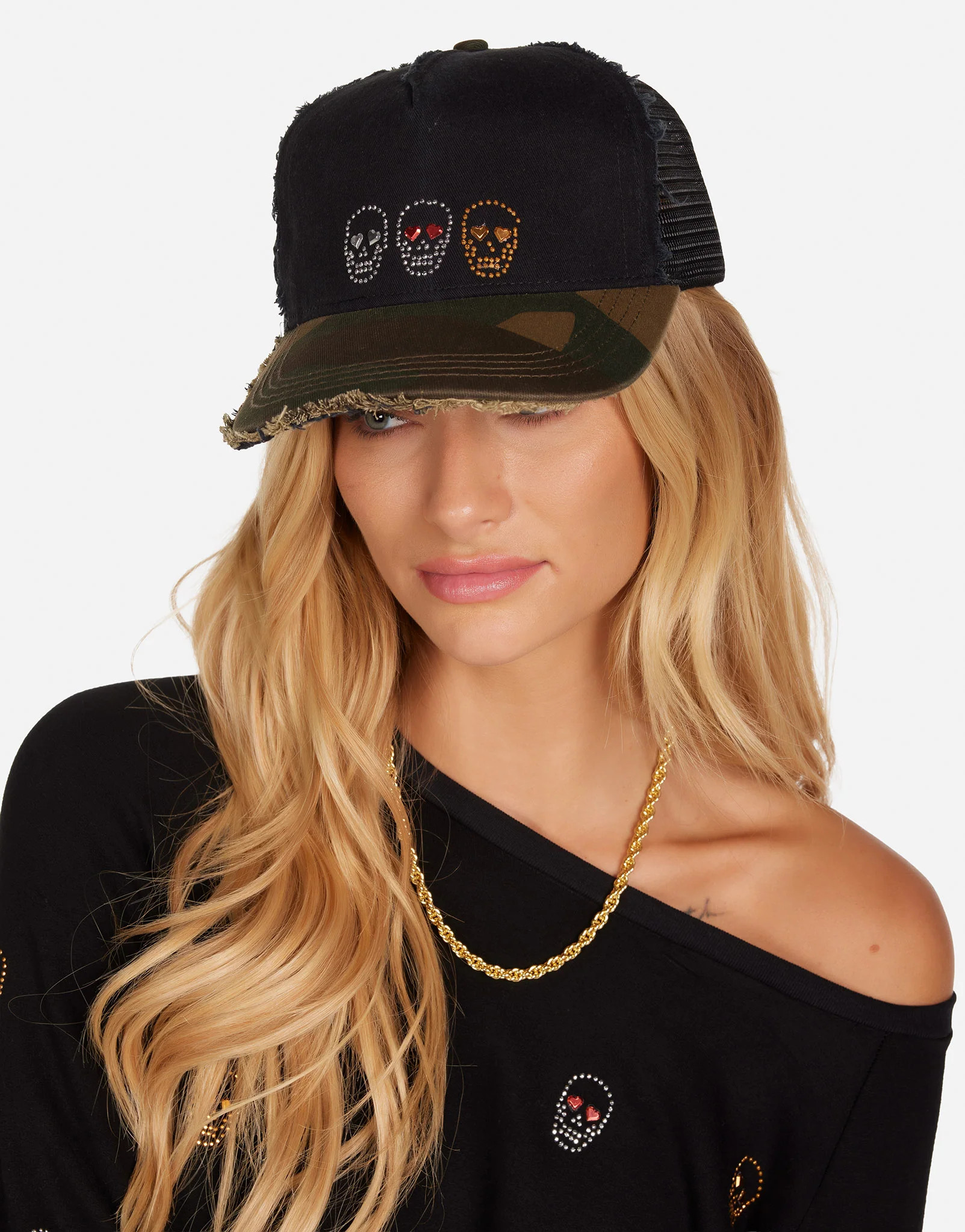 Stud Heart Eye Skulls Trucker Hat Black/Camo | Jilly by Lauren Moshi | Lauren Moshi