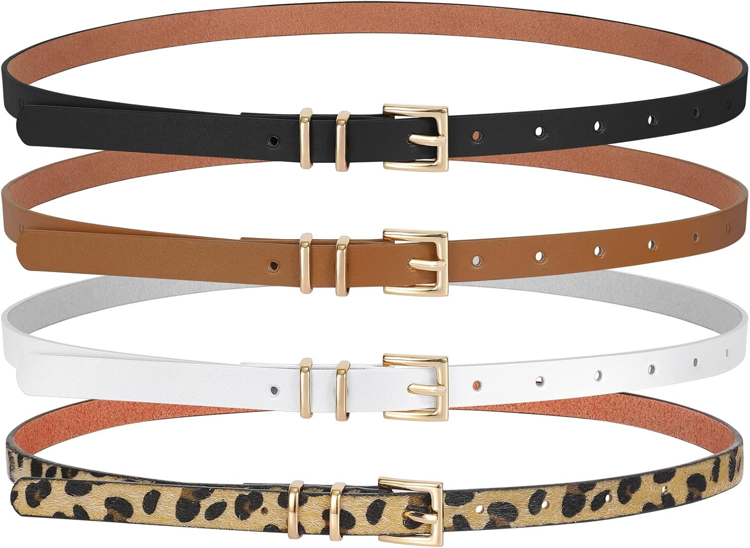 SANSTHS Set of 4 Womens Thin Belts Skinny Faux Leather Belt with Gold Alloy Buckle | Amazon (US)