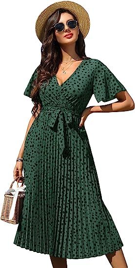 Floerns Women's Polka Dots Short Sleeve Wrap V Neck Belted A Line Pleated Midi Dress | Amazon (US)