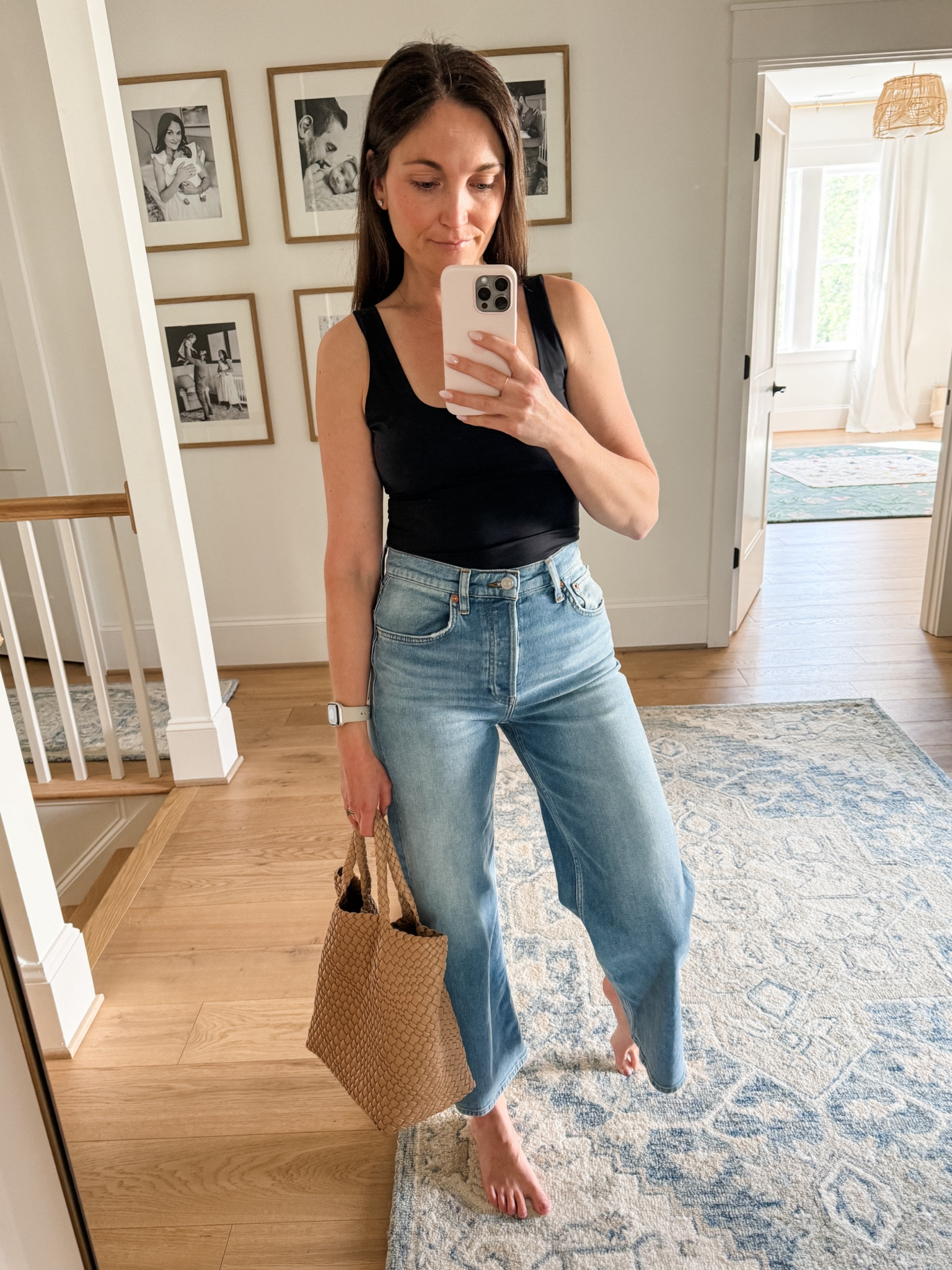 Spring work from home outfit. Loving these wide leg cropped jeans, I’m wearing a size 27 and this tank is perfection. Square neckline, double lined and buttery soft. I’m wearing a M, without a bra (just Cakes to hide the nips). 

#LTKSeasonal