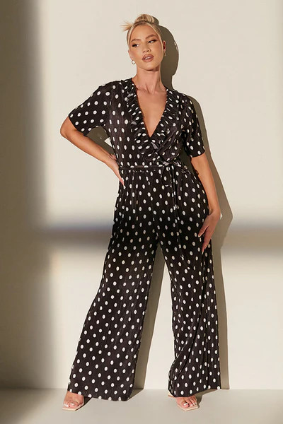 Black Plisse Polka Dot Short Sleeve Culotte Jumpsuit | ISAWITFIRST UK