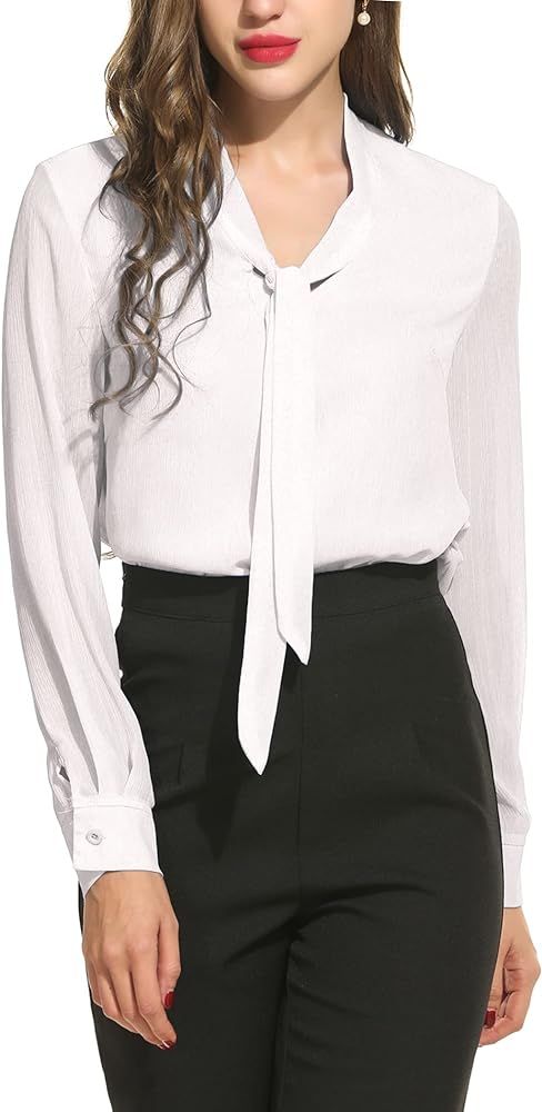 ACEVOG Chiffon Blouses for Women Dressy Bow Tie Neck Long Sleeve Work Shirt Formal Casual Wear | Amazon (US)