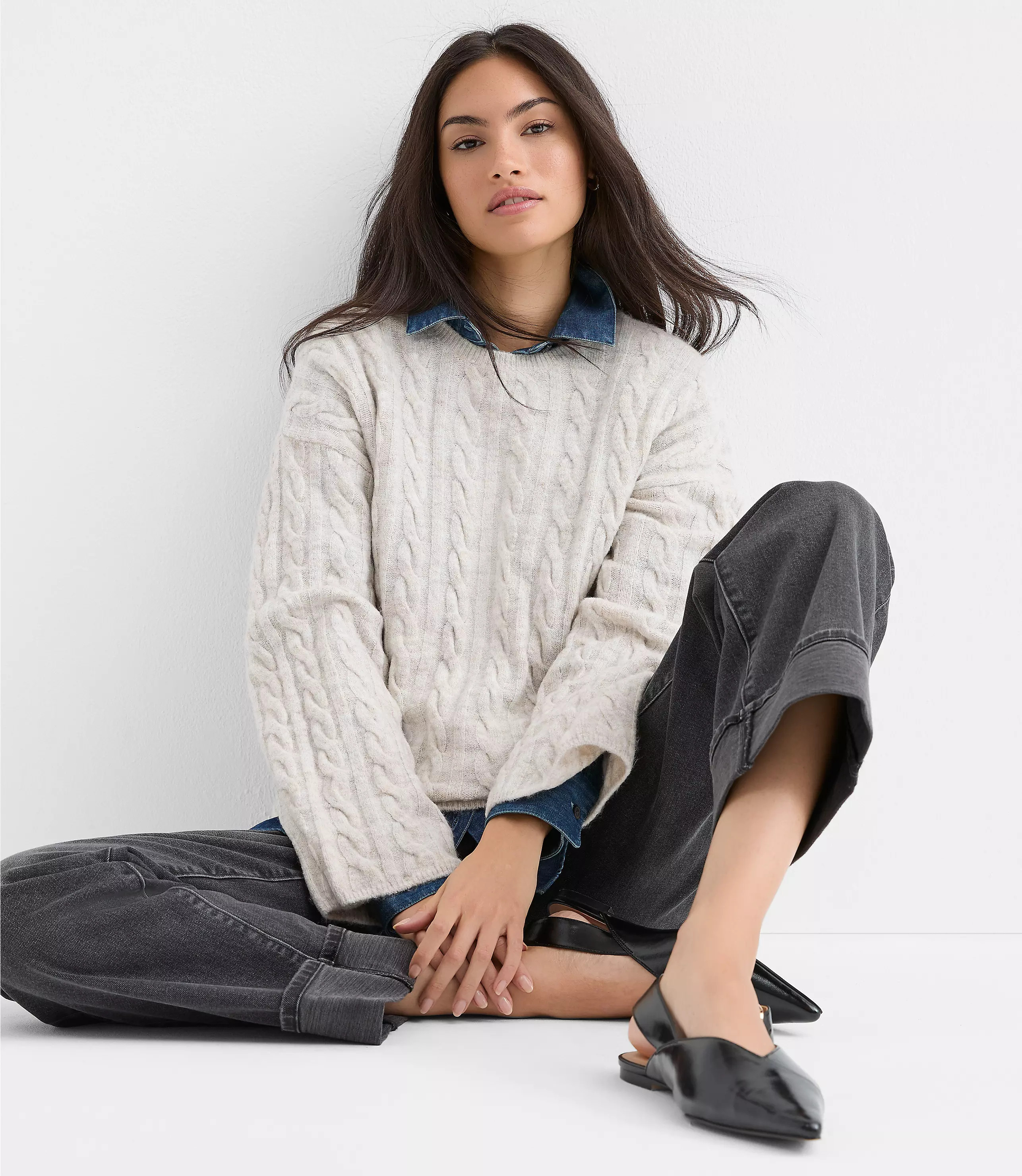Heathered Wide Sleeve Cable Sweater | LOFT