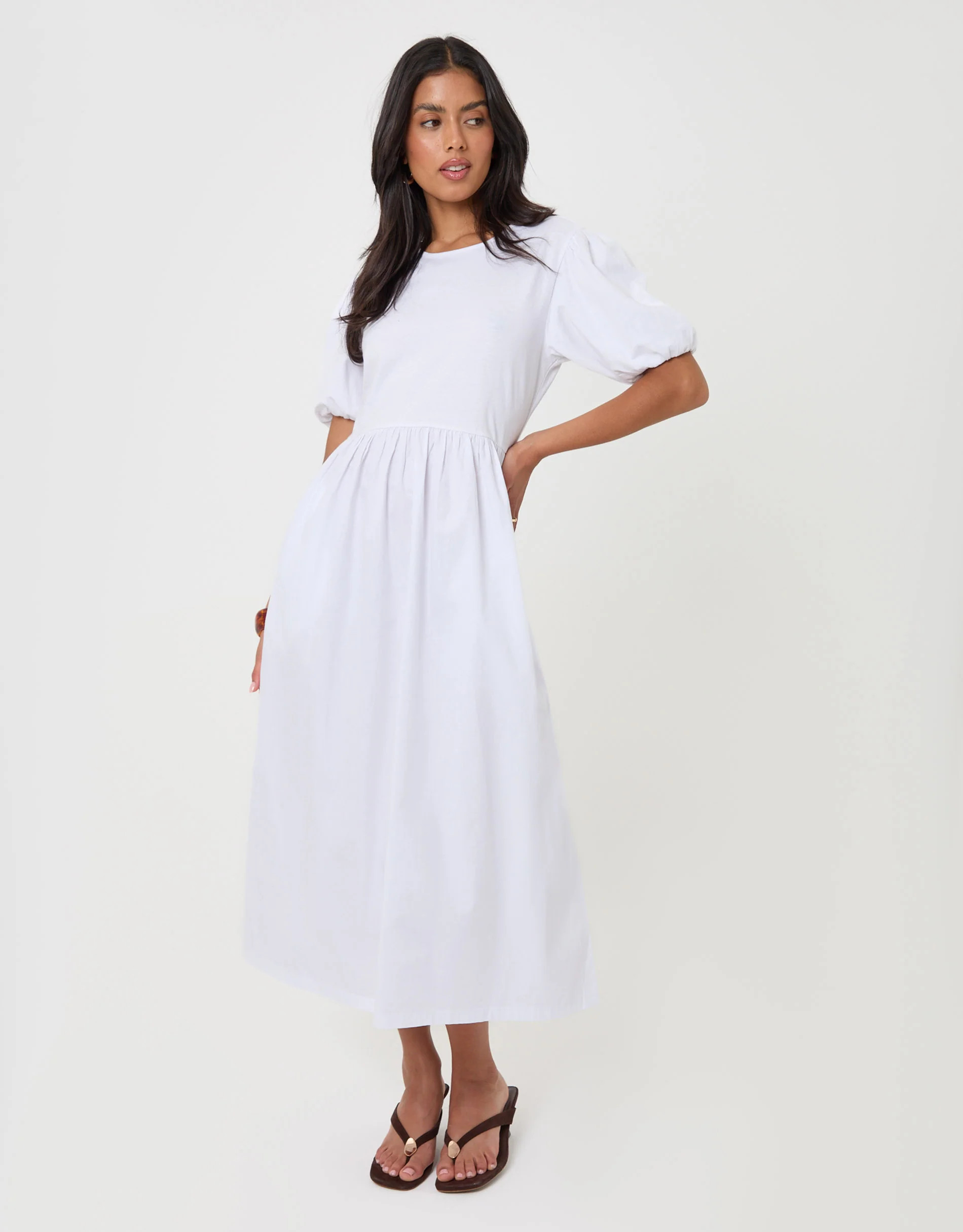 Pure Cotton Puff Sleeve 2-in-1 Maxi Dress in White | Threadbare UK