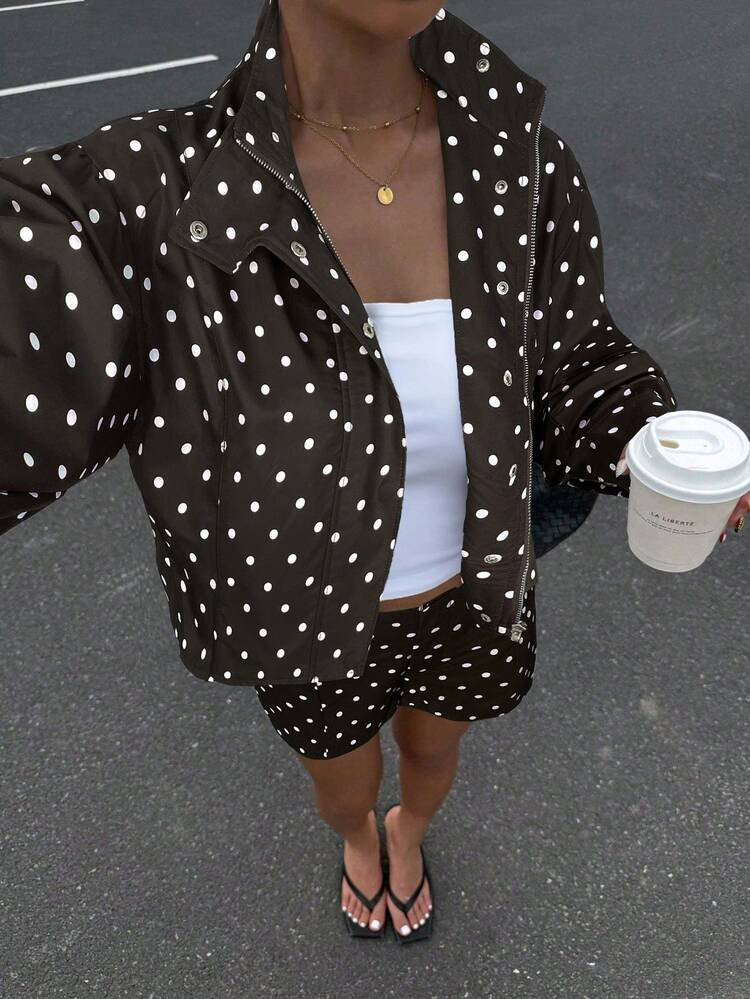 Muchica 2pcs/Set Women's Polka Dot Print Long Sleeve Zip-Up Jacket And Shorts Casual Loose Y2K Ou... | SHEIN