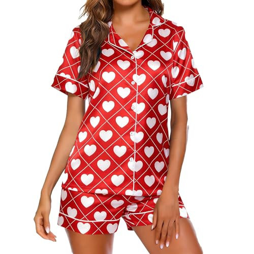 VILOVE Valentines Pajamas Women Silk Satin Heart Pajamas Set Button Down 2 Piece Valentines Pjs Casual Notch Collar Sleepwear | Amazon (US)