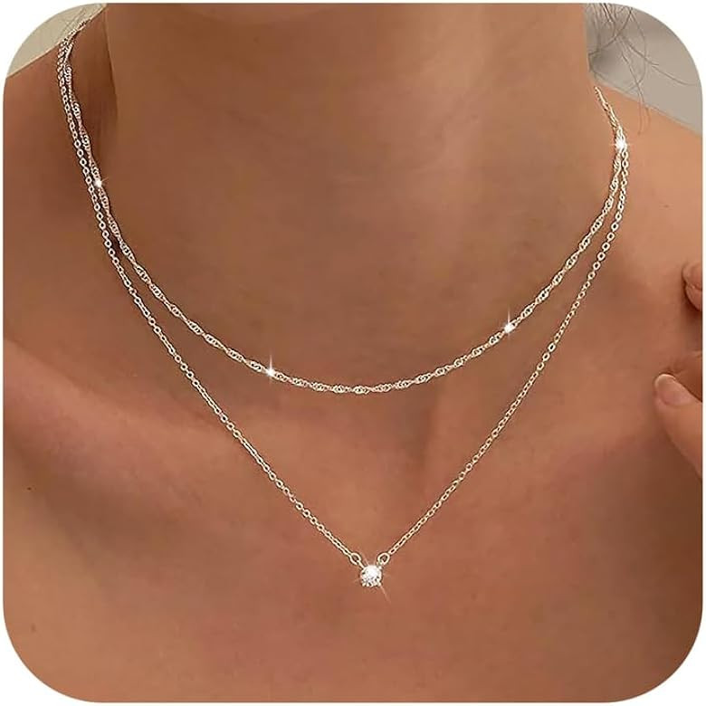 Tewiky Diamond Necklaces for Women, Dainty S925 Sterling Silver/ 14K Gold Choker Necklace Simple ... | Amazon (US)