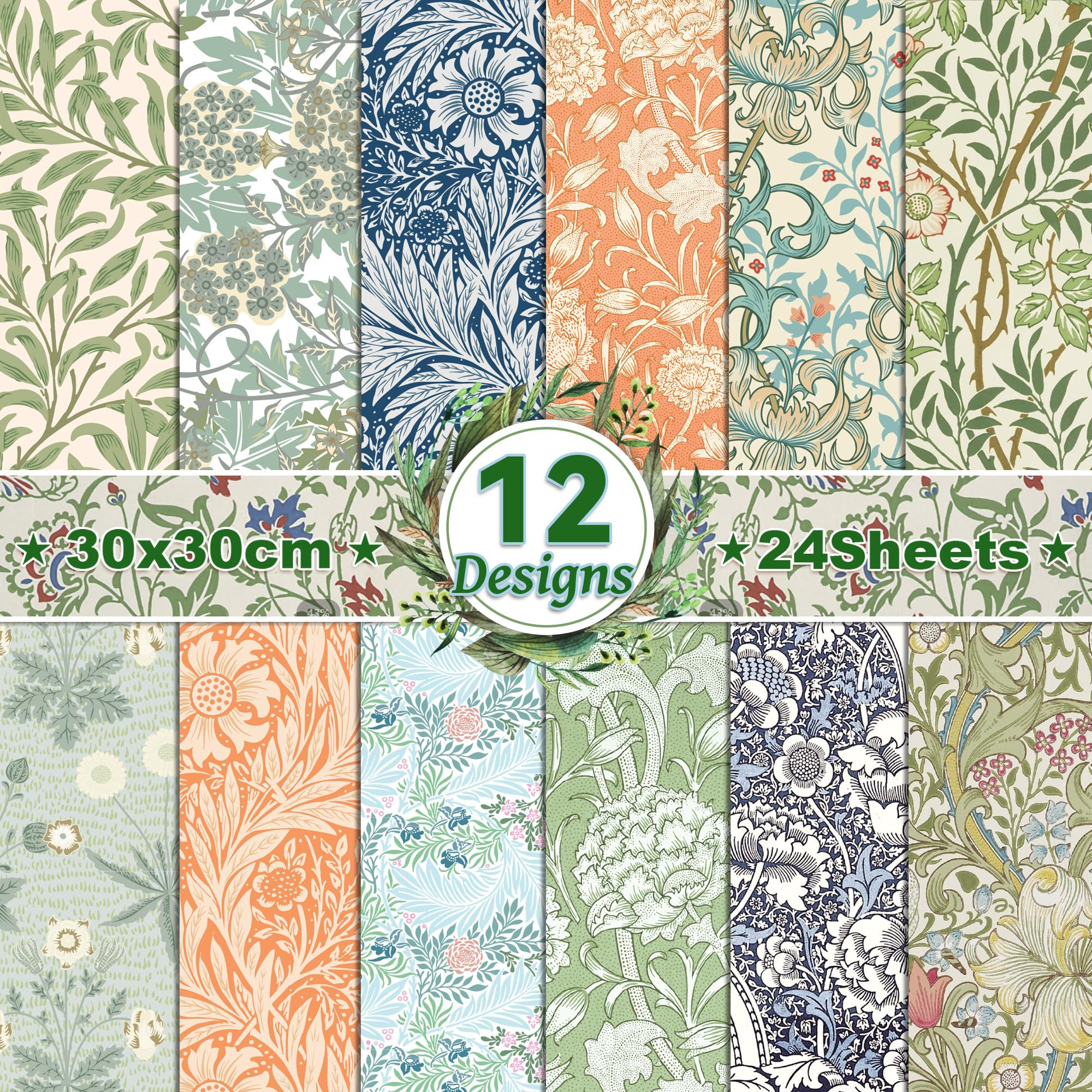 VIVIQUEN 24 Pack Vintage Floral Pattern Double-Sided Paper, 12-inches Retro Flower William Morris... | Amazon (US)