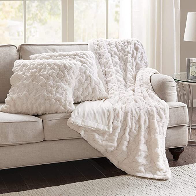 Comfort Spaces - CS50-0294 Ruched Faux Fur Plush 3 Piece Throw Blanket Set Ultra Soft Fluffy with... | Amazon (US)