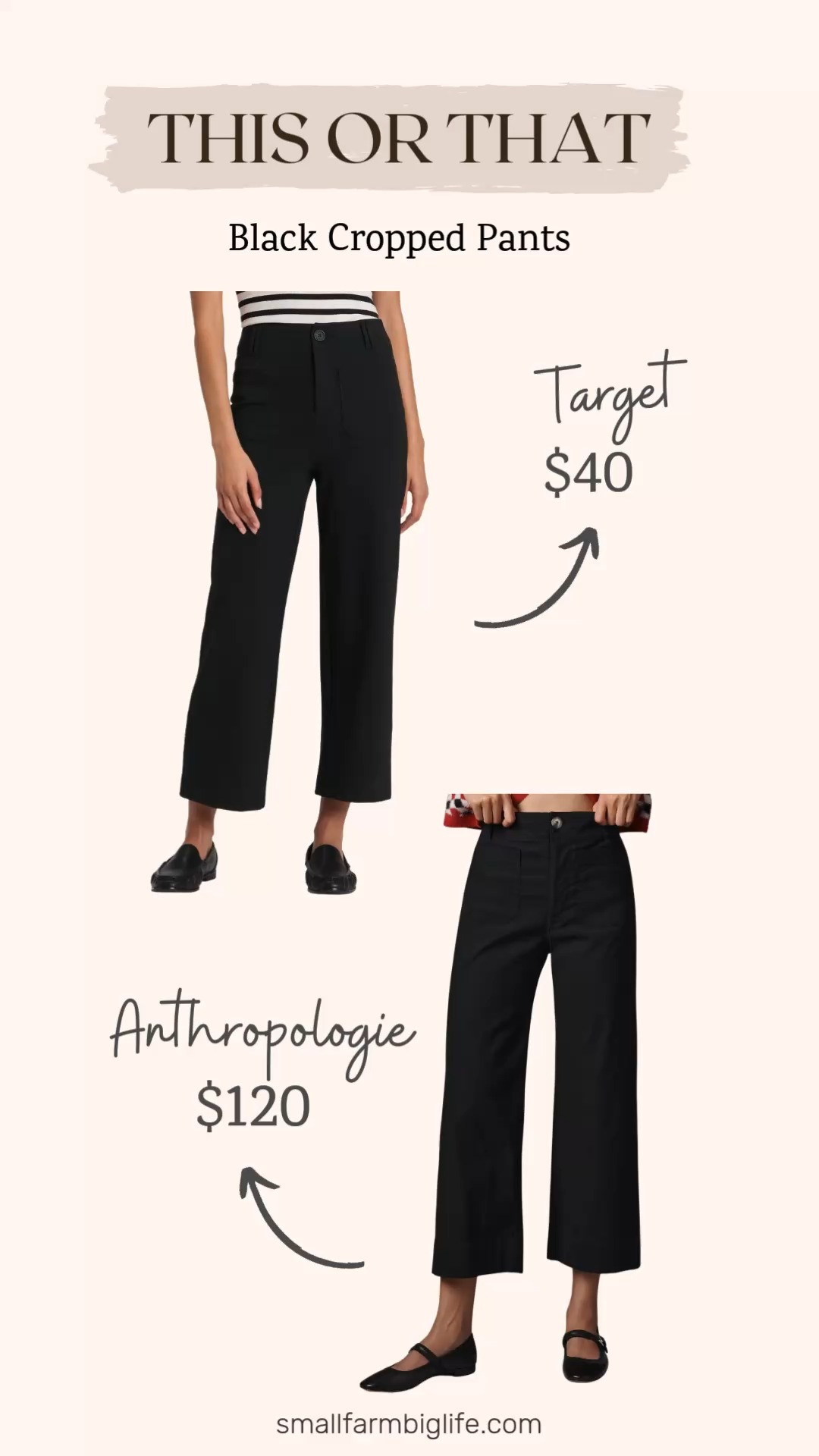 This or that: Anthropologie versus Target and honestly both are really good 🖤✨ I am comparing the Colette Magic Fabric Crop Wide Leg Pants by Maeve from Anthropologie and the Women's High Rise Cropped Pants from A New Day at Target. Both are black, both are cropped wide leg, and both are so chic and easy to style for spring and summer. The Anthropologie pair is the splurge option with that magic fabric that just drapes beautifully, and the Target pair is the budget friendly dupe that is going to give you a very similar look for a fraction of the price. Which would you choose? Both are linked so you can decide for yourself! 🛒 

 #LTKootd #LTKOver40 #LTKSaleAlert