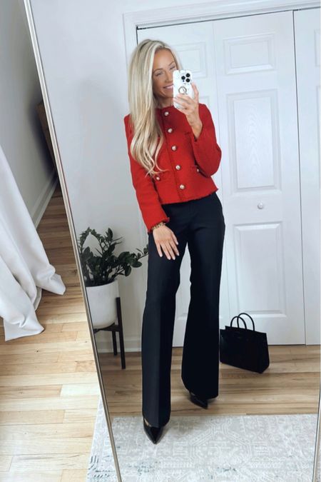 Work wear
Red tweed jacket - I sized up one size (wearing a medium)
Black flare leg pants - runs TTS (exact pants linked below and I also linked a similar option because they’re starting to sell out!)

#LTKworkwear