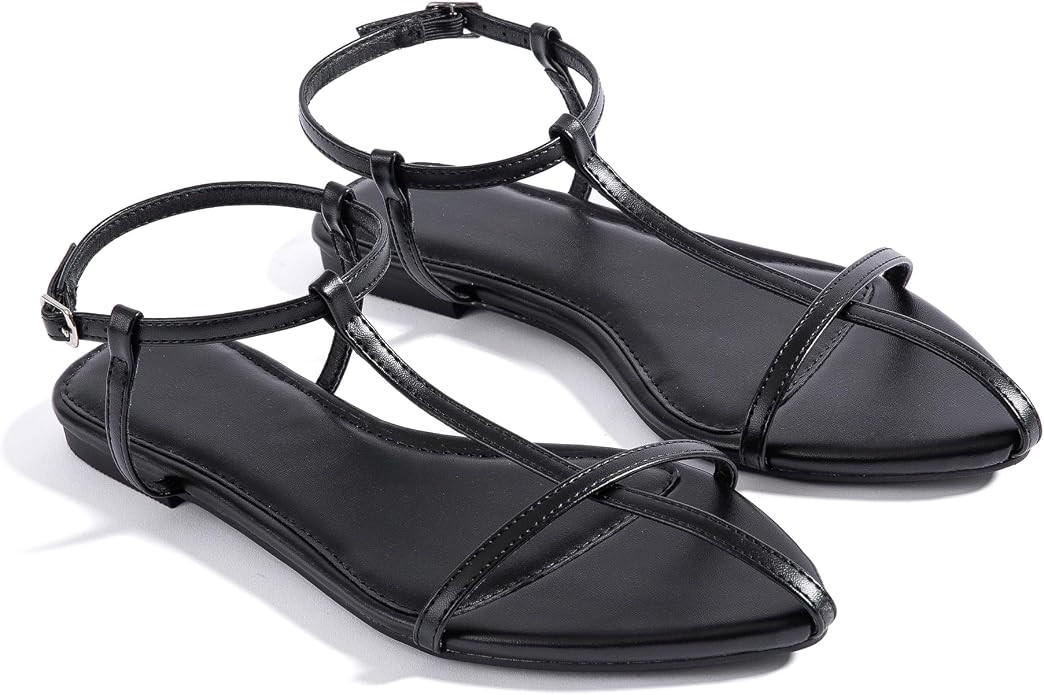 Women Flat Sandals Pointed Toe Ladies Summer Dressy Casual Vacation Bohemian Cute Leather Beach C... | Amazon (US)