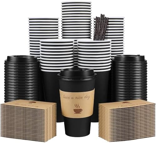 100 Pack 16 oz Disposable Paper Coffee Cups with Lids(Black) | Amazon (US)