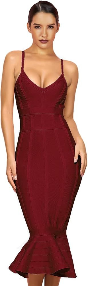 Women's Mermaid Spaghetti Strap V Neck Bodycon Midi Cocktail Bandage Dress | Amazon (US)
