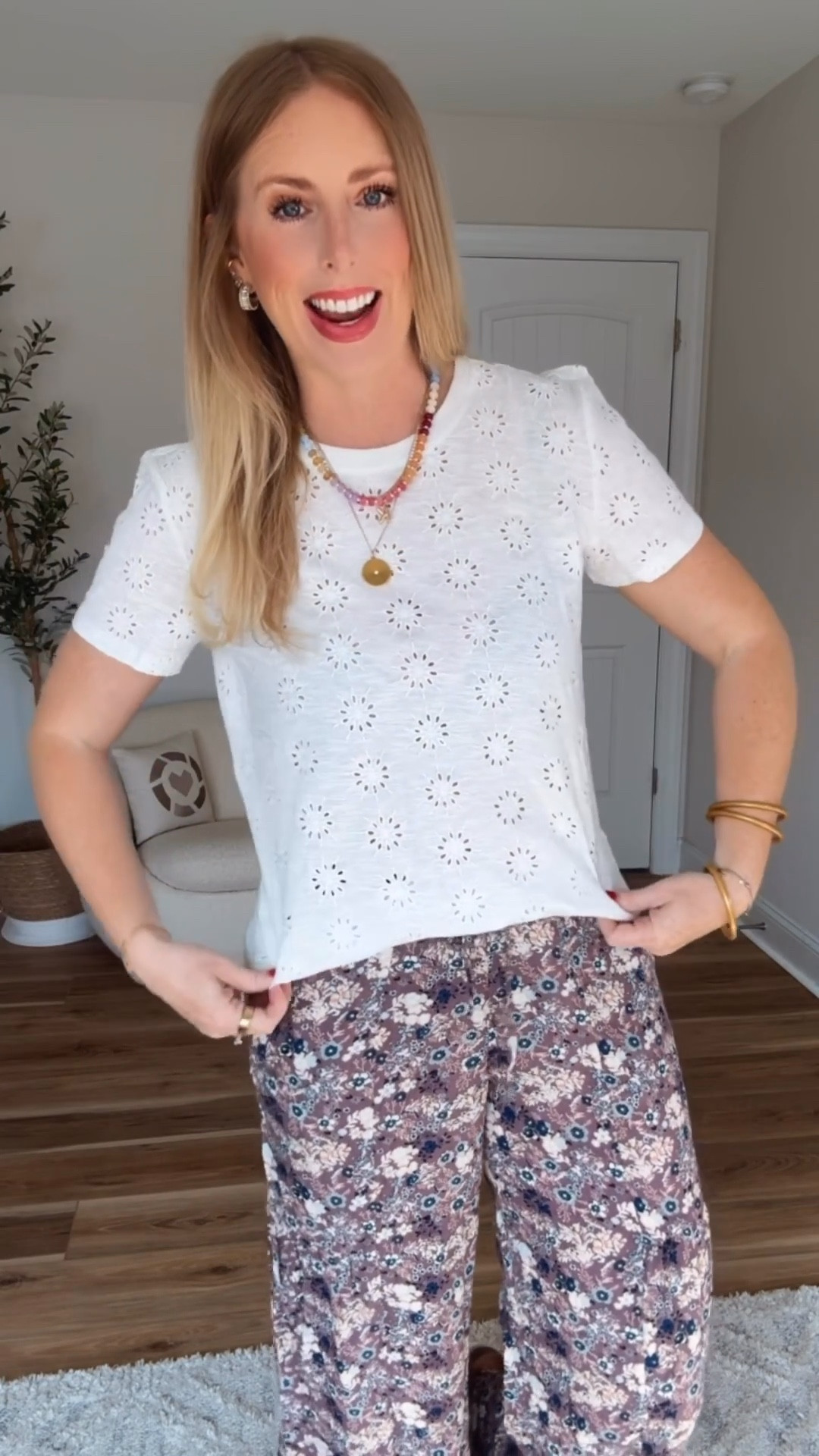 Eyelet tee on sale! Paired with comfy floral pants! 

#LTKootd #LTKSaleAlert #LTKmomlife