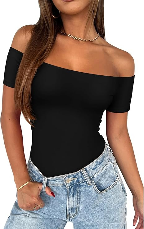 REORIA Women Sexy Off The Shoulder Short Sleeve Backless Basic Double Lined Thong Bodysuit Tops | Amazon (US)