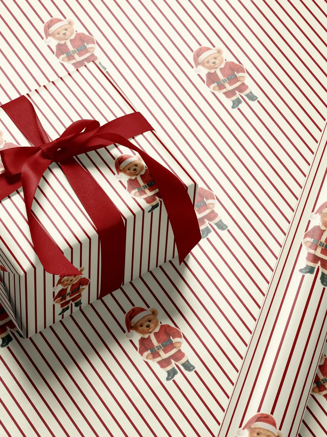 Santa Bear Stripe Wrapping Paper, Luxury Red Candy Stripe Teddy Christmas Prep Gift Wrap, Elegant... | Etsy (US)