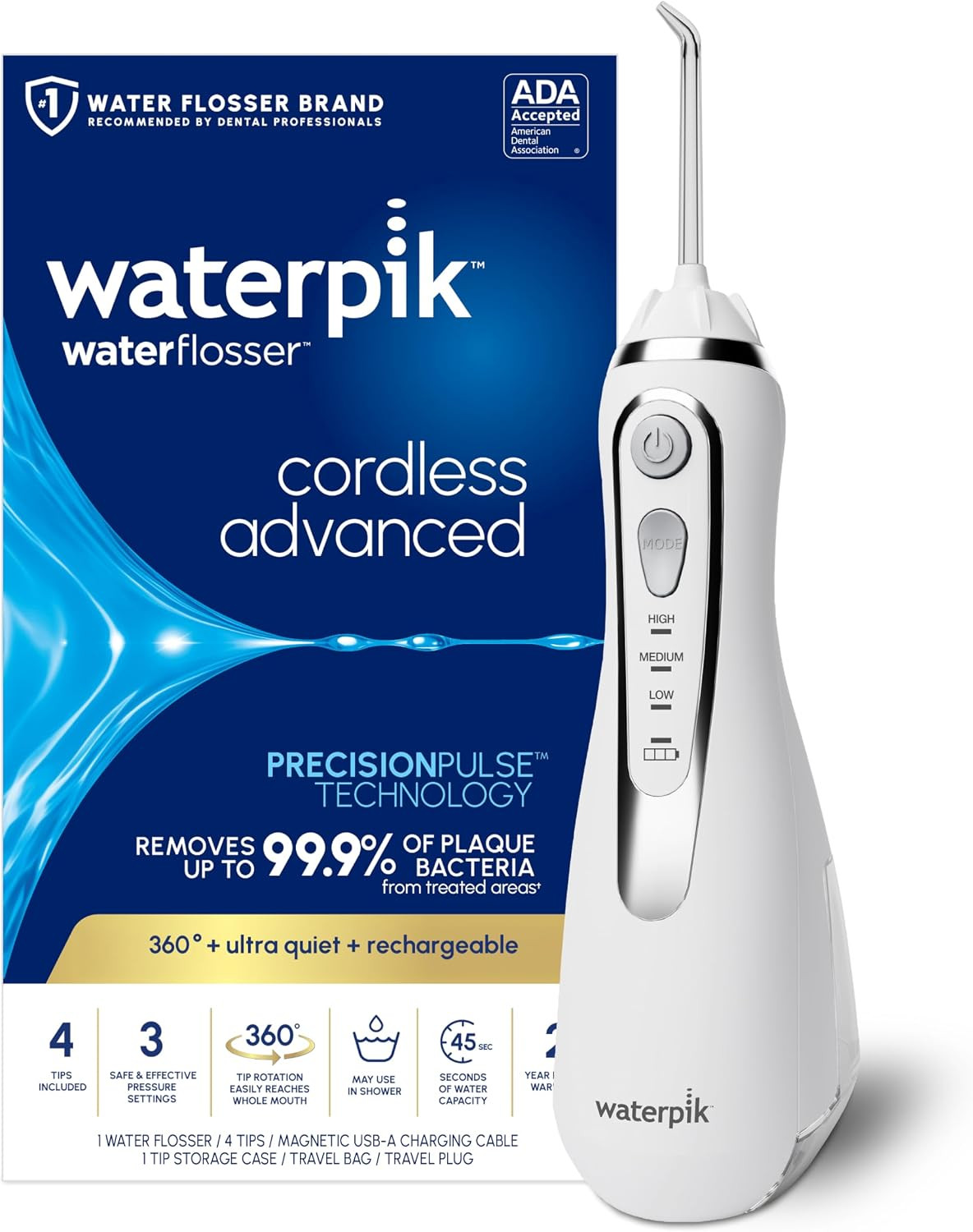 Waterpik Cordless Advanced Portable Water Flosser, Rechargeable, White | Amazon (US)