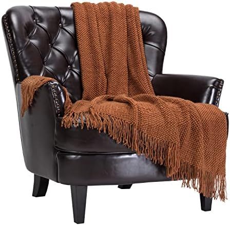 Chanasya Textured Knitted Rust Brown Throw Blanket with Tassels - Soft Bohemian Farmhouse Chic Ac... | Amazon (US)