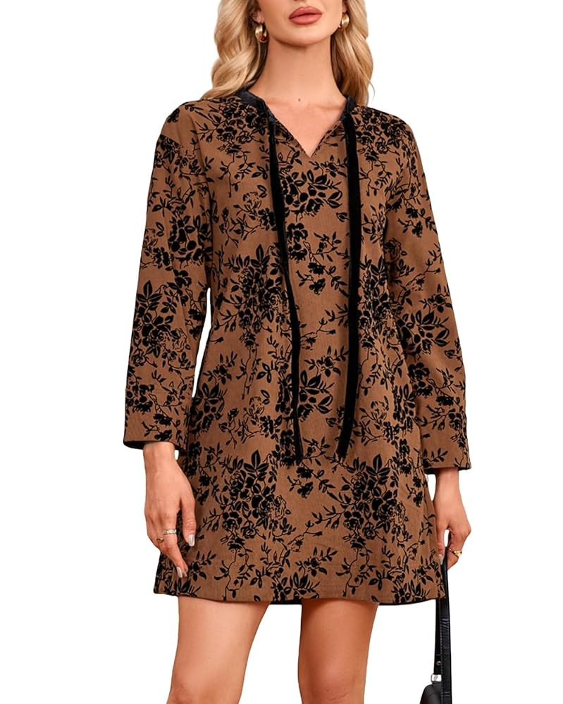 Women's Floral Corduroy Mini Dress Long Sleeve V Neck Shift Dress with Pockets | Amazon (US)