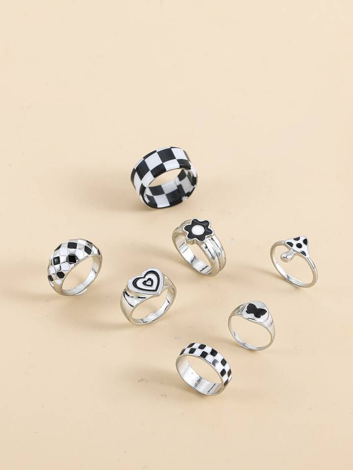 7pcs Heart & Checkered Pattern Ring | SHEIN