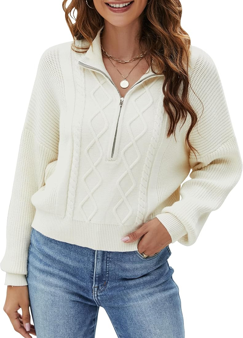 Blooming Jelly Womens Cropped Sweater Quarter Zip Pullover Cable Knit Chunky Sweaters Fall Sweatshir | Amazon (US)