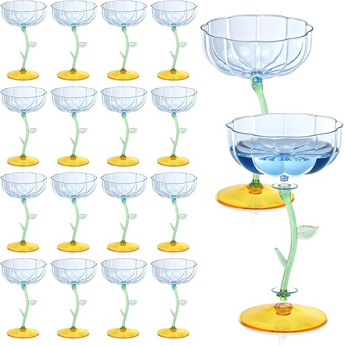 24 Pcs Blue Plastic Ribbed Coupe Glasses Detachable 7oz Flower Cocktail Glasses Modern Wavy Plast... | Amazon (US)