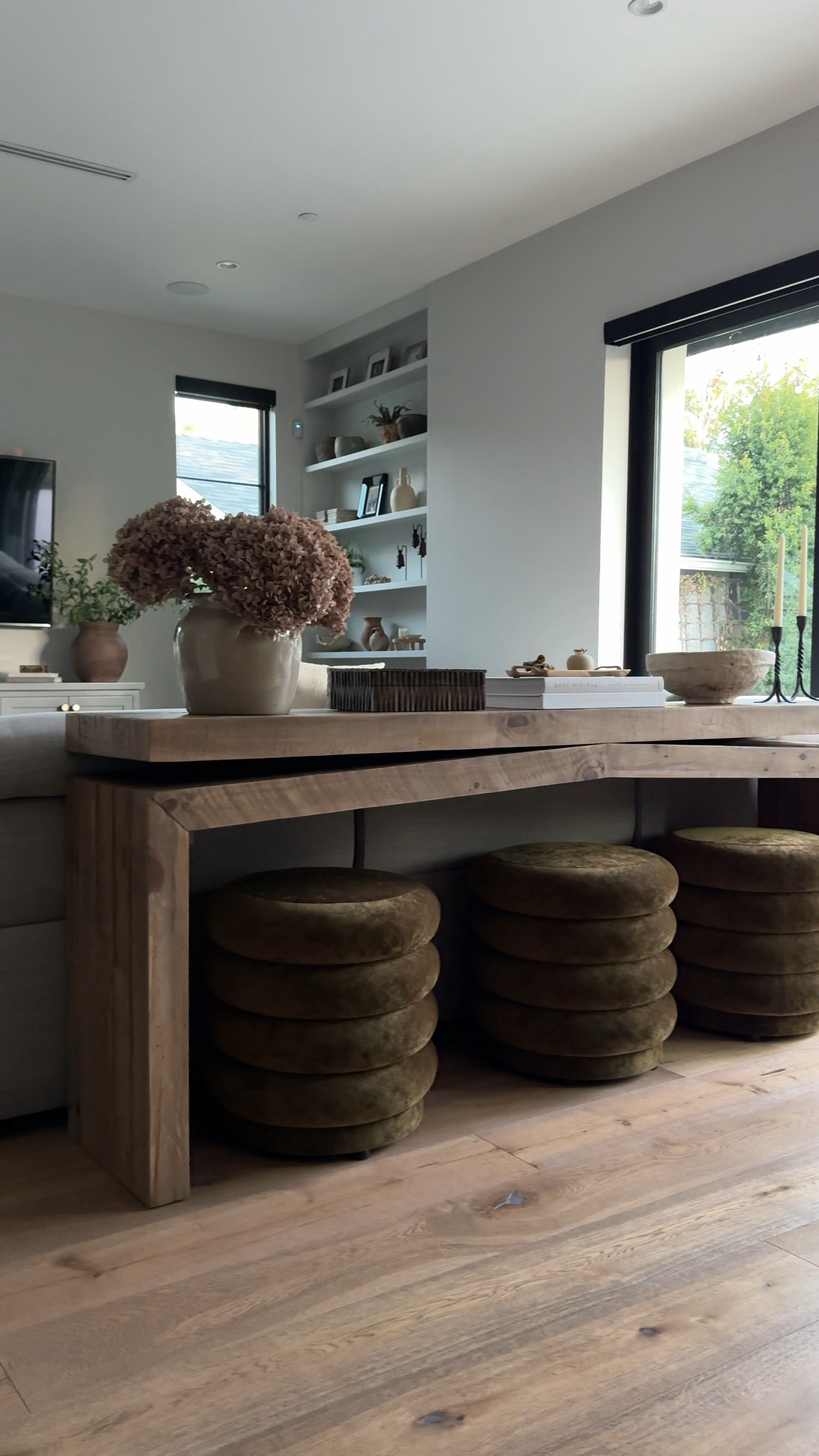 On sale! Wood console table green ottoman vintage vase hydrangeas dried flowers box candle holder candles McGee brown vase dough bowl

#LTKsalealert #LTKhome #LTKfindsunder100