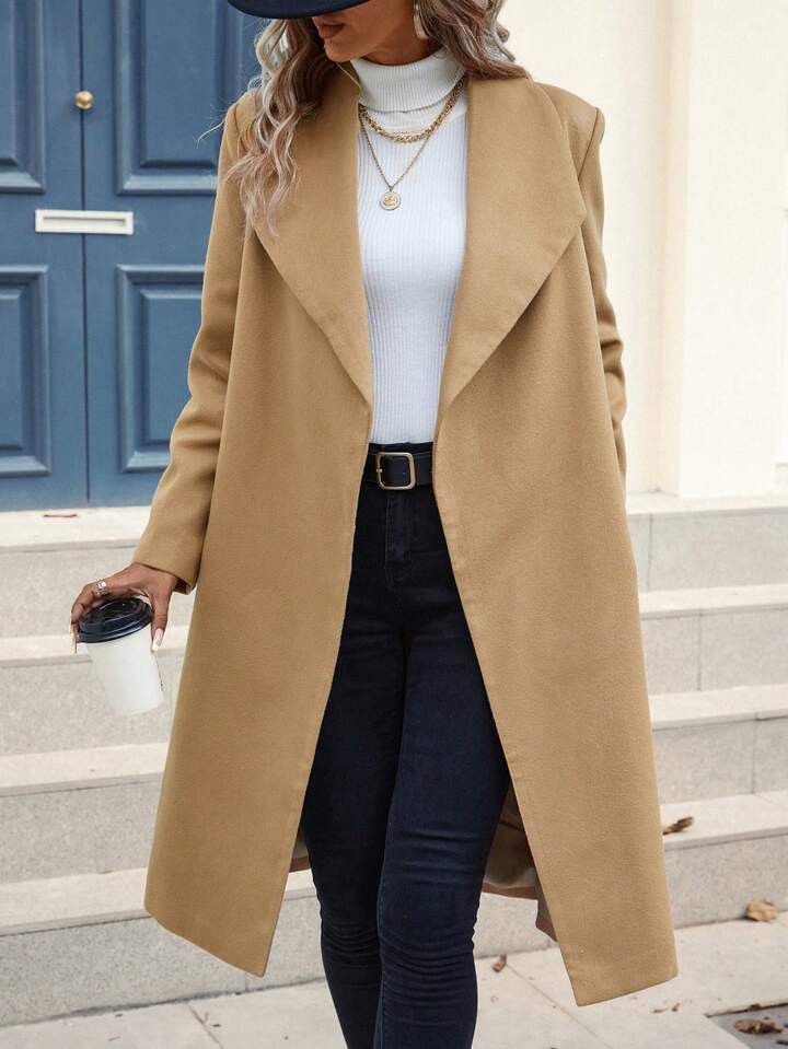 SHEIN LUNE Waterfall Collar Open Front Belted Coat | SHEIN