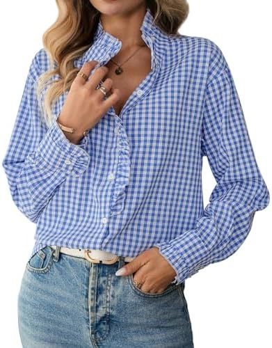 Womens Plaid Ruffle V Neck Button Down Shirt Long Sleeve Gingham Trendy Blouse Business Workwear ... | Amazon (US)