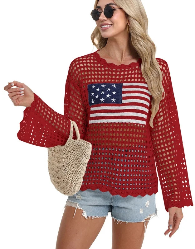 Beach Cover Up for Women 4Th of July American Flag Mesh Crochet Swimsuit Cover Up Long Sleeve Blo... | Walmart (US)