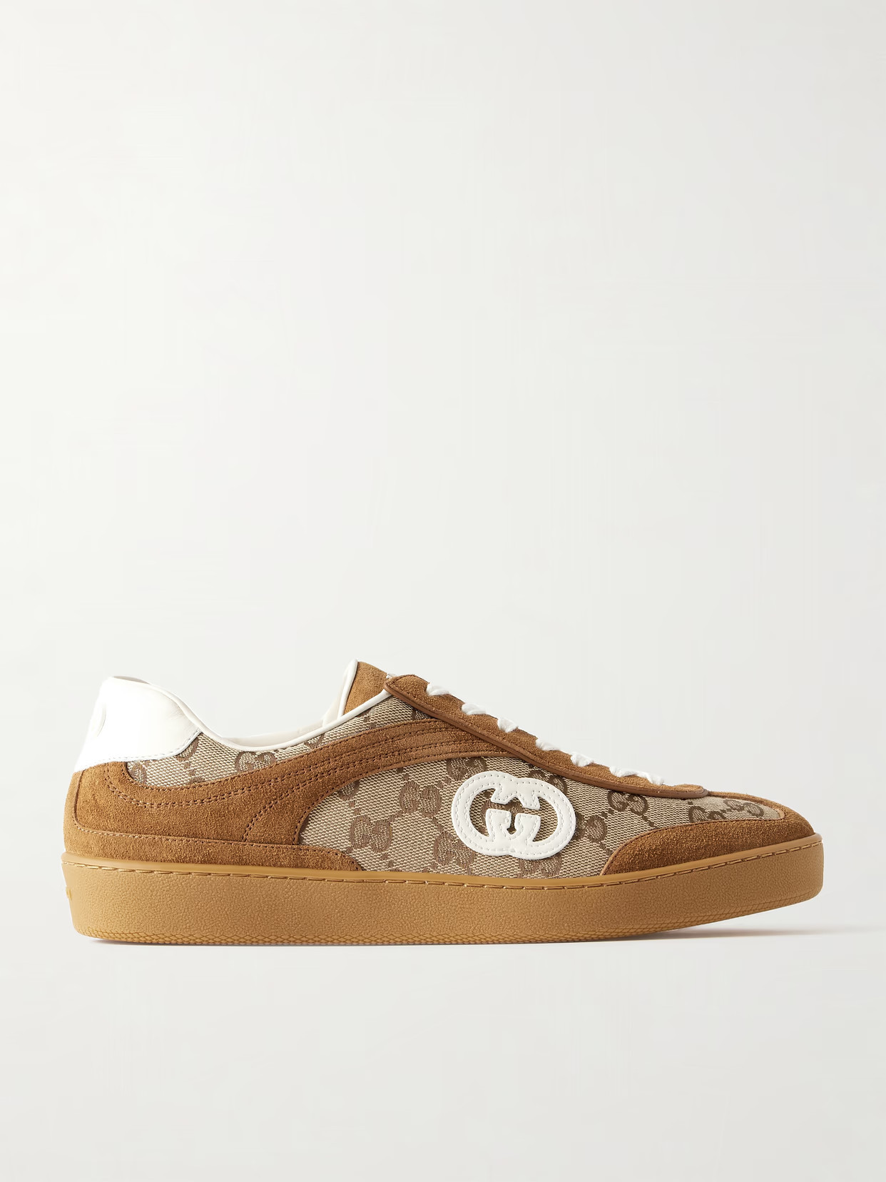 Gucci - Leather And Suede-trimmed Coated Canvas-jacquard Sneakers - Brown | NET-A-PORTER (US)