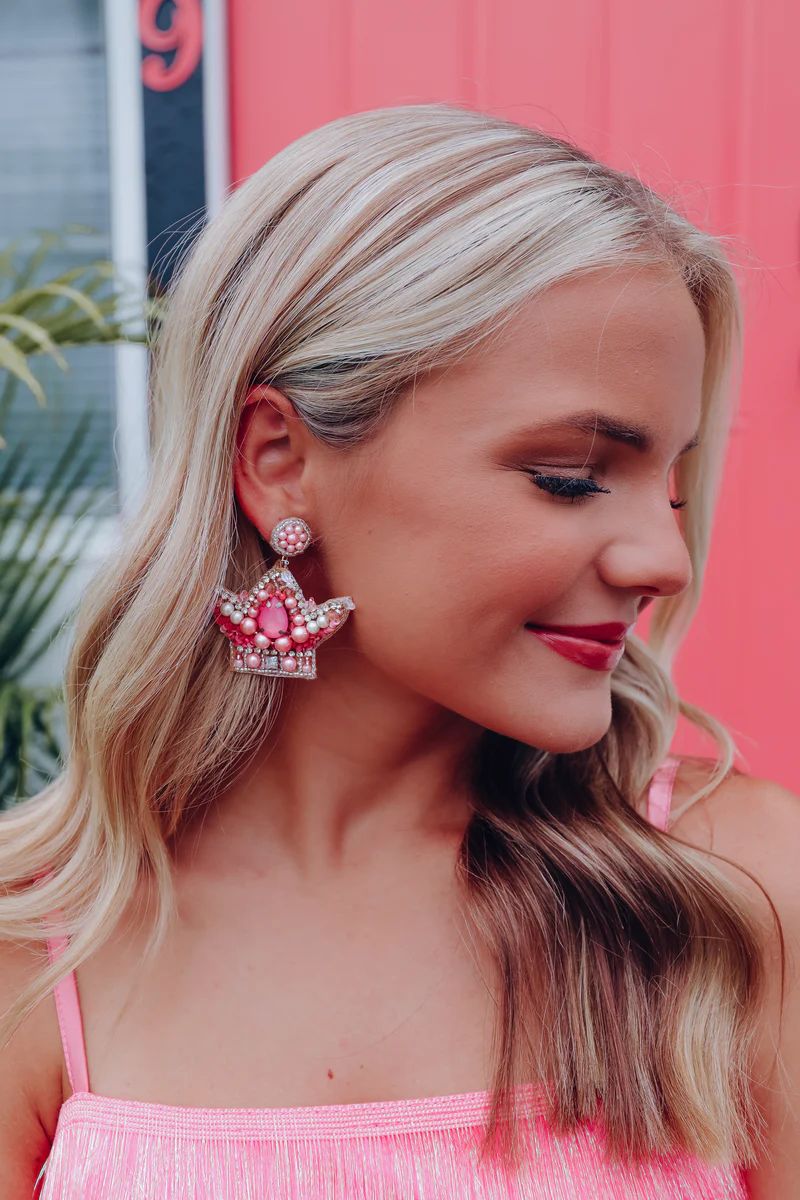 Princess Crown Beaded Earrings - Pink | Whiskey Darling Boutique