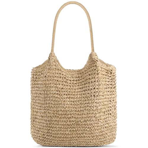 NEWROGENG Straw Purses for Women 2025, Large Beach Bag Summer Beach Tote Hand Woven Purse Shoulder Handbags for Vacation, Beige | Amazon (US)