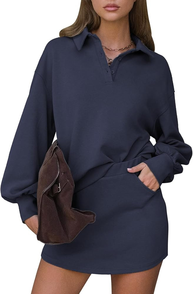EXLURA Womens 2 Piece Sets Polo Sweatshirt Skort Set Airport Long Sleeve Matching Workout Sets Te... | Amazon (US)