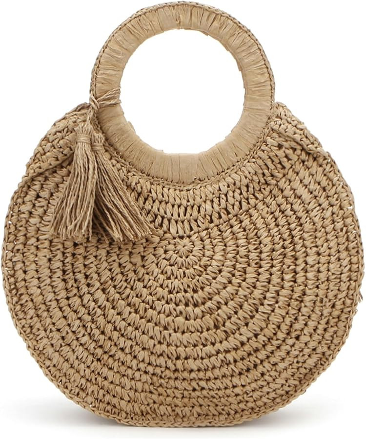 Round Paper Straw Tote Bag for Women Handwoven Purses with Tassel Beach Bag Summer Vacation | Amazon (US)