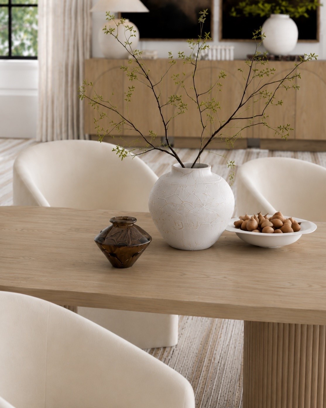 Neutral dining table decor for everyday! Neutral dining room, aesthetic, organic modern, transitional, minimalist, restoration Hardware style, Pottery Barn look, home decor, transformer extending table, upholstered dining chairs with wheels, alabaster chandelier, sideboard cabinet, Loloi rug, white oak, marble, greenery stems, faux olive tree, curtains, moody, earthy,  wall art#LTKsale #LTKstyletip

#LTKHome #LTKSaleAlert #LTKmomlife
