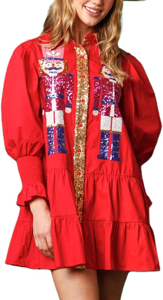 Women Christmas Sequin Skirt Nutcracker Sweatshirt T-Shirt Dress Holiday Party Long Sleeve Santa ... | Amazon (US)
