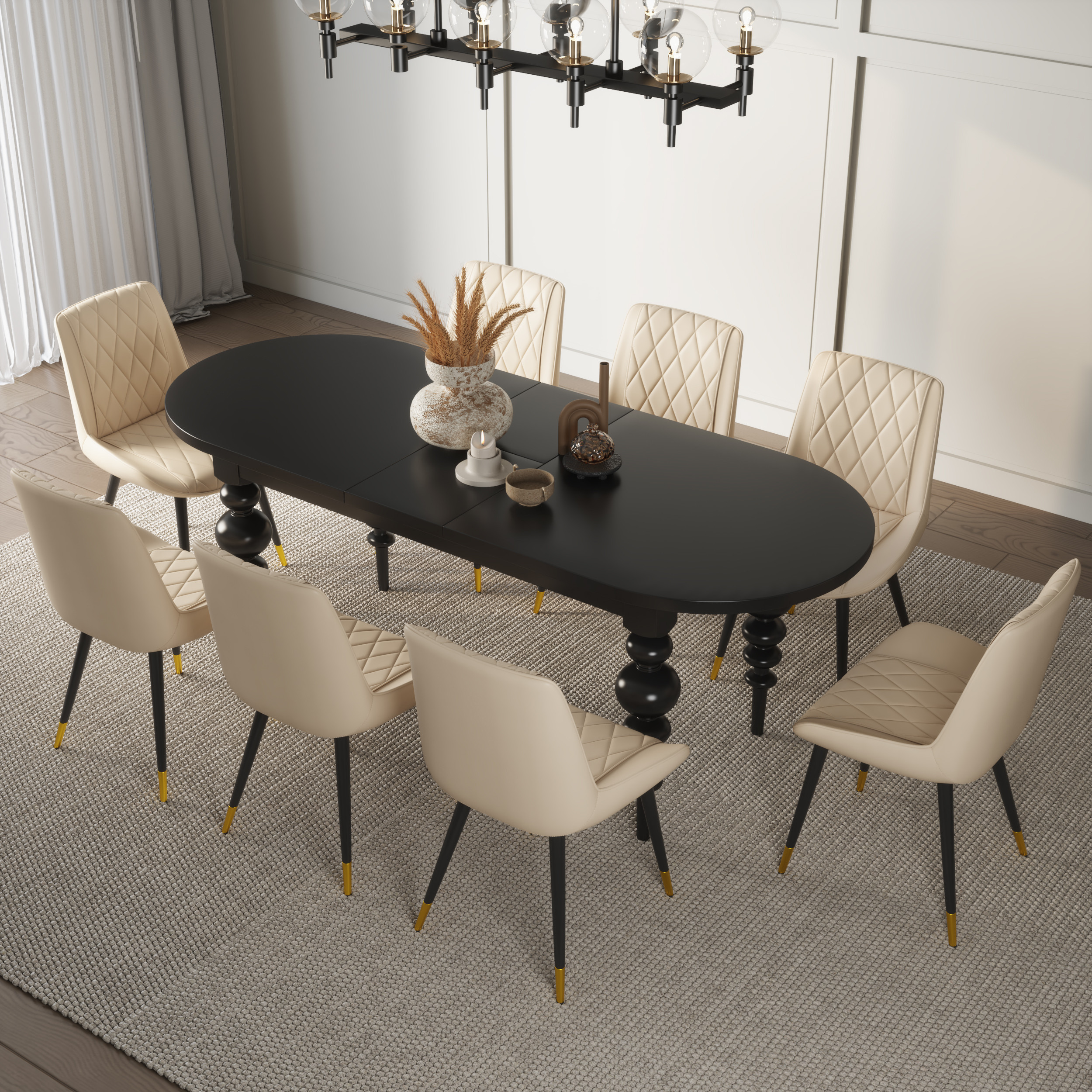 Oval Extendable Dining Table Set 67"-79" Black Antique Dining Table & 8 PU Leather Side Dining Chairs | Homary