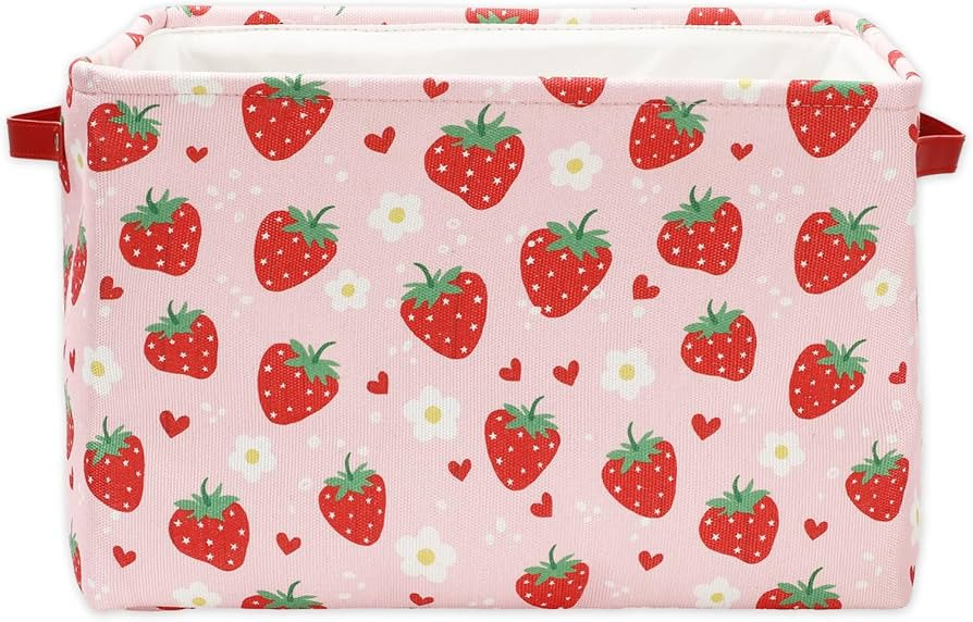 Strawberry Storage Basket Foldable Strawberry Flower Heart Storage Bin with Handle Red Pink Fabri... | Amazon (US)